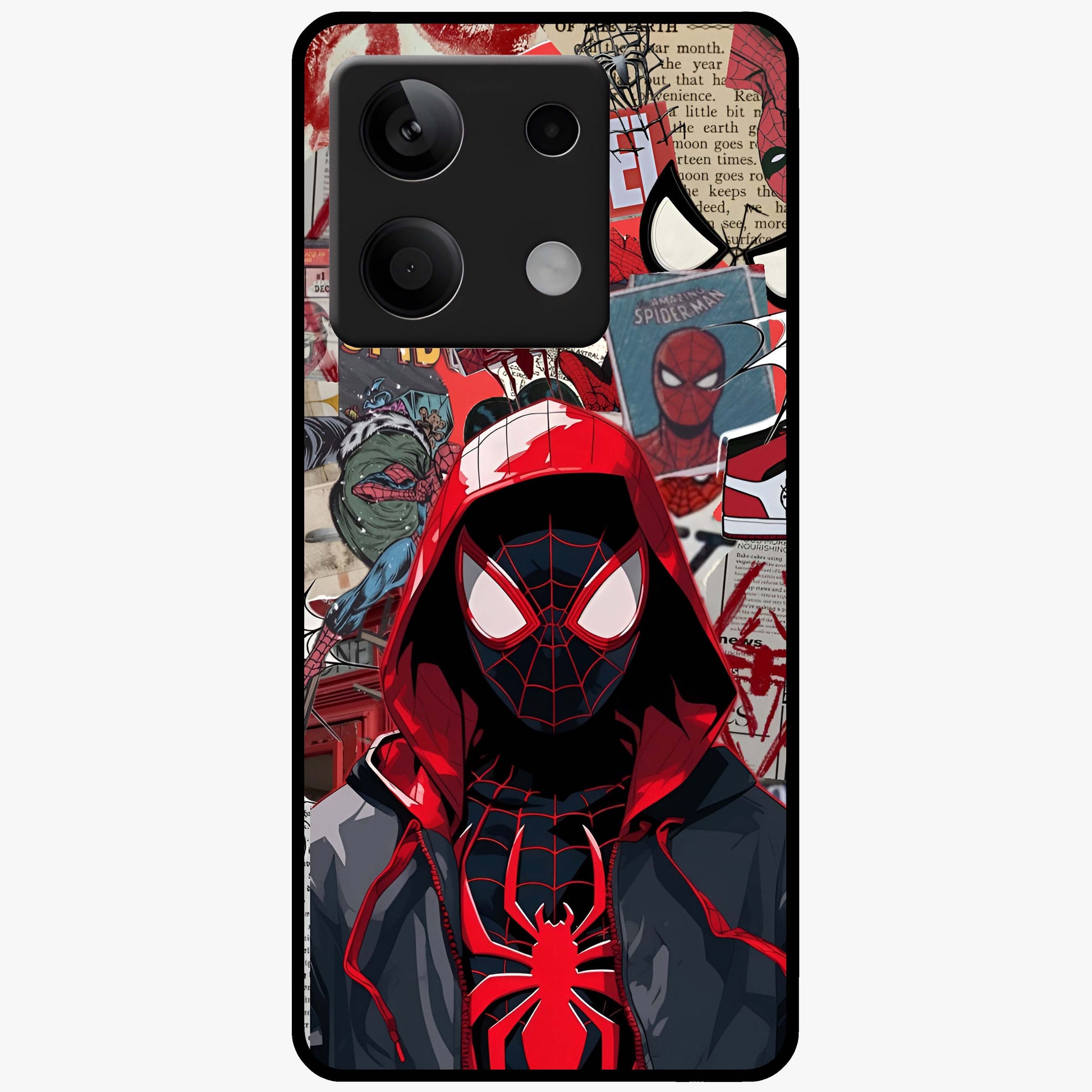 Spider Collage Street Glass Case showing flat back view with vibrant superhero collage artwork and glossy glass finish.