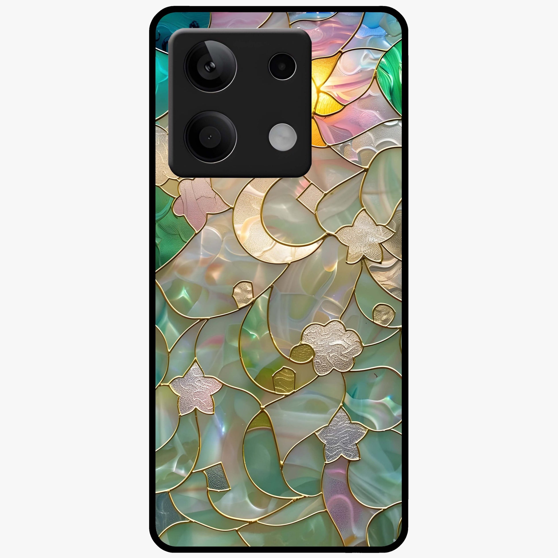 Stained Sunrise Glow Glass Case showing flat back view with glowing sunrise stained pattern artwork and glossy glass finish.