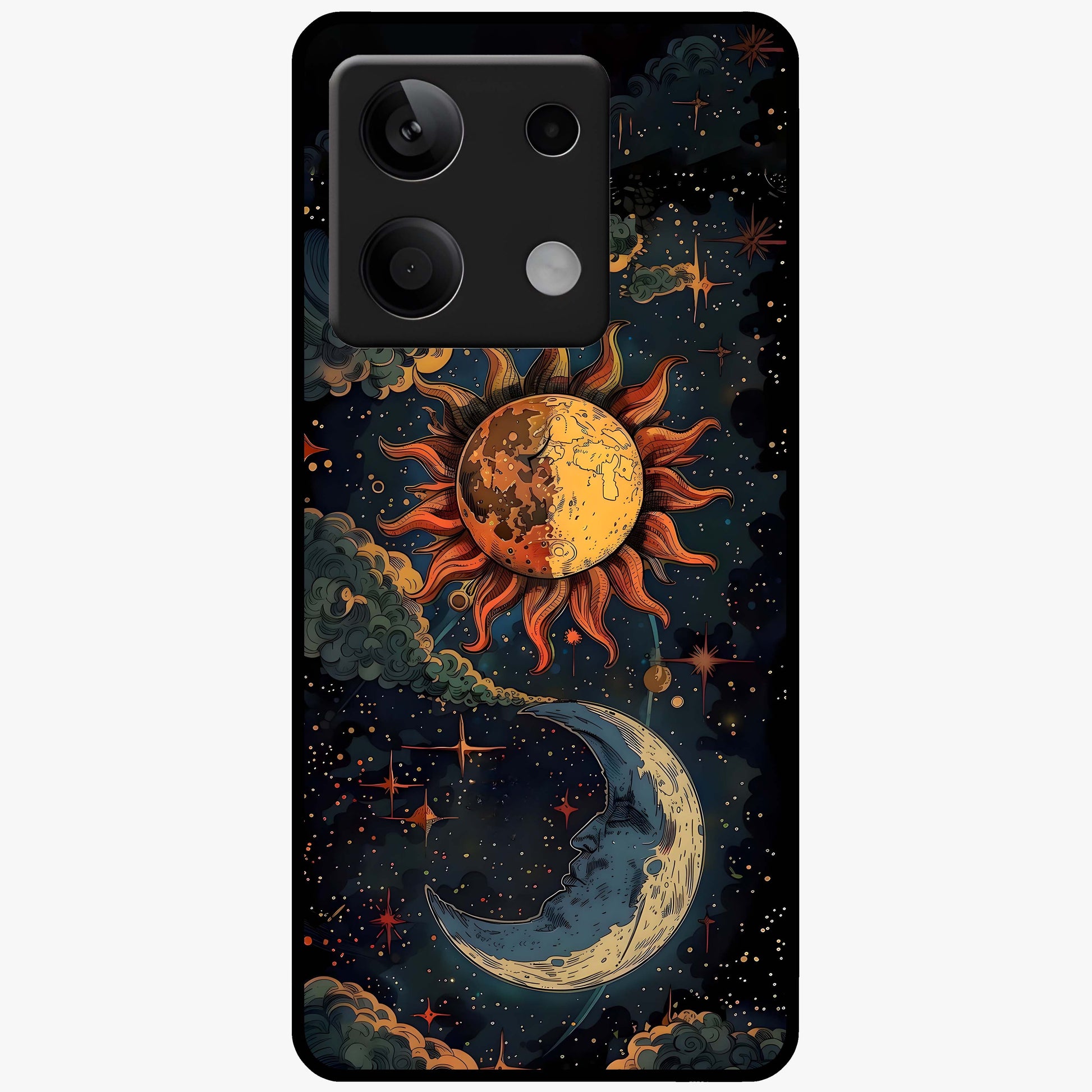 Sun And Moon Magic Design Glass Case showing flat back view with mystical sun and moon artwork and glossy glass finish.