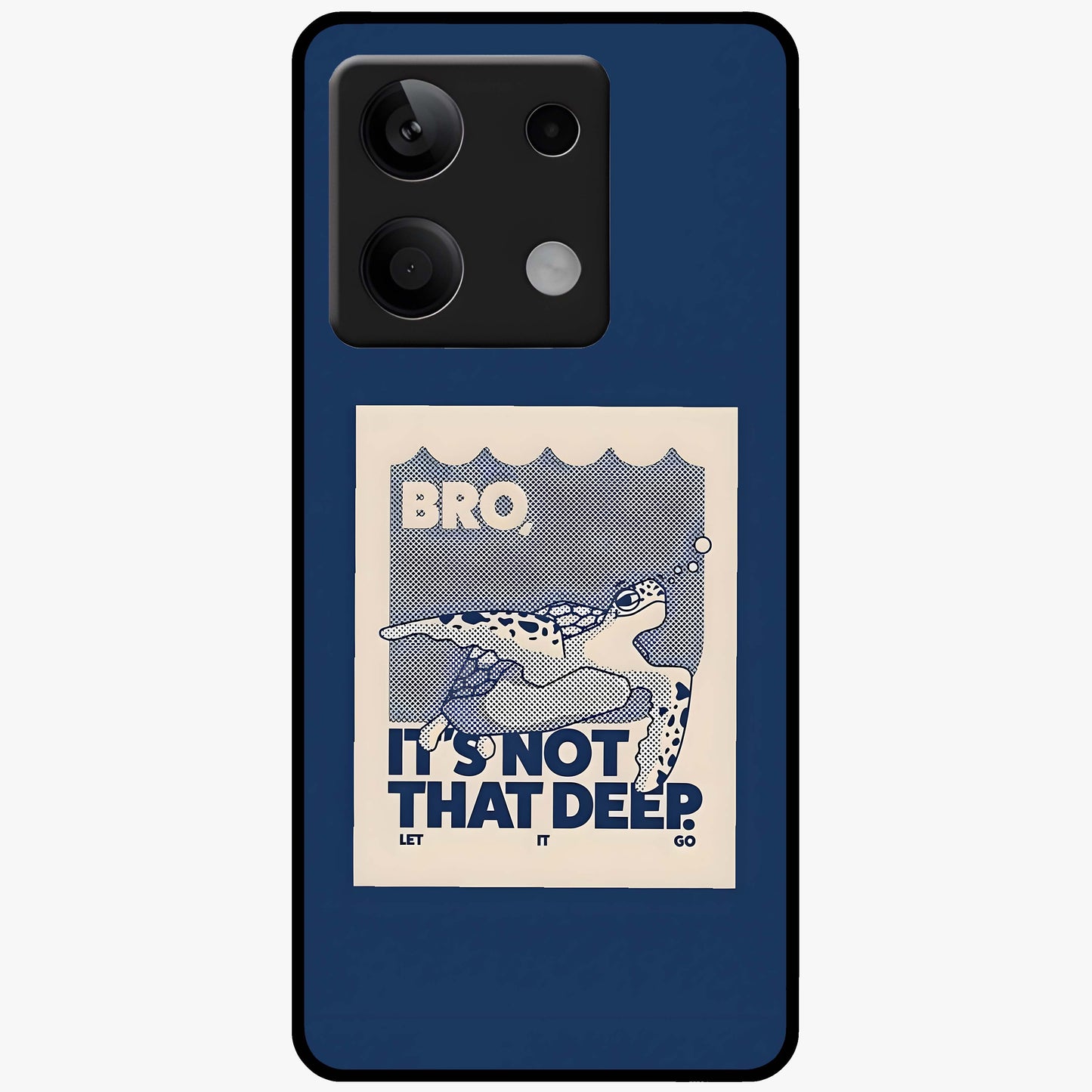 Worry Less Swim Glass Case showing flat back view with playful motivational artwork and glossy glass finish.