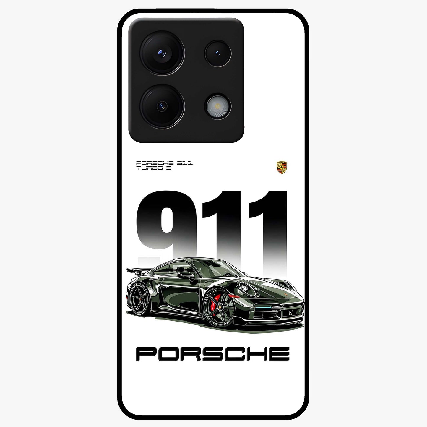 911 Turbo Dominance Glass Case showing clean flat back view with bold 911 sports car artwork and glossy glass finish.