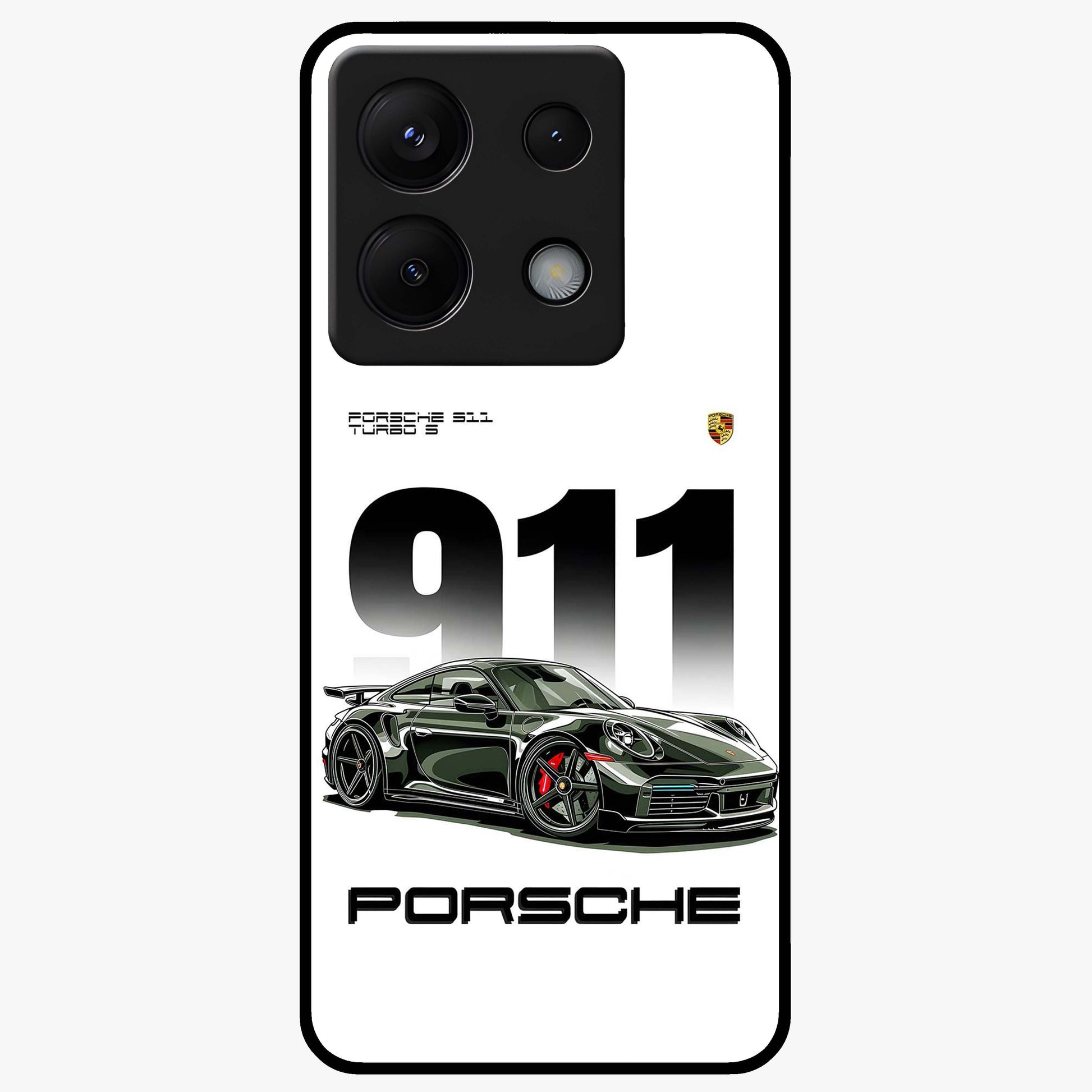 911 Turbo Dominance Glass Case showing clean flat back view with bold 911 sports car artwork and glossy glass finish.