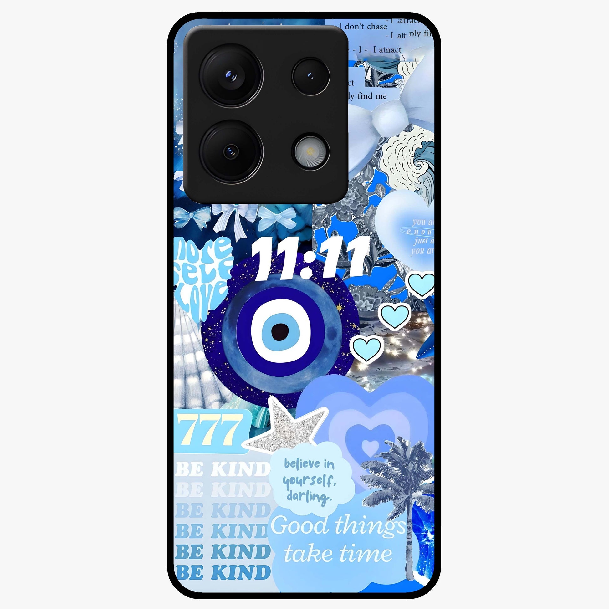 Aesthetic Be Kind Eye Glass Case showing flat back view with motivational eye artwork and glossy glass finish.