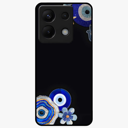Aesthetic Blue Evil Eye Glass Case showing flat back view with protective evil eye artwork and glossy glass finish.