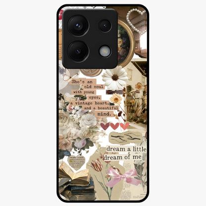Aesthetic Brown Vintage Collage Glass Case showing flat back view with retro collage artwork and glossy glass finish.