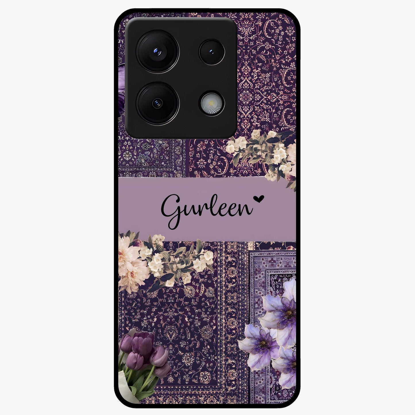 Antique Floral Whisper Custom Name Glass Case showing flat back view with vintage floral artwork and personalized name design.