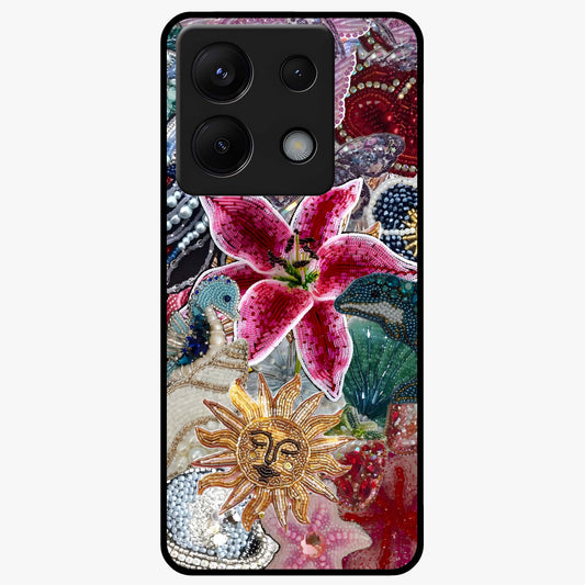 Beaded Garden Fantasy Glass Case showing flat back view with dreamy garden bead artwork and glossy glass finish.