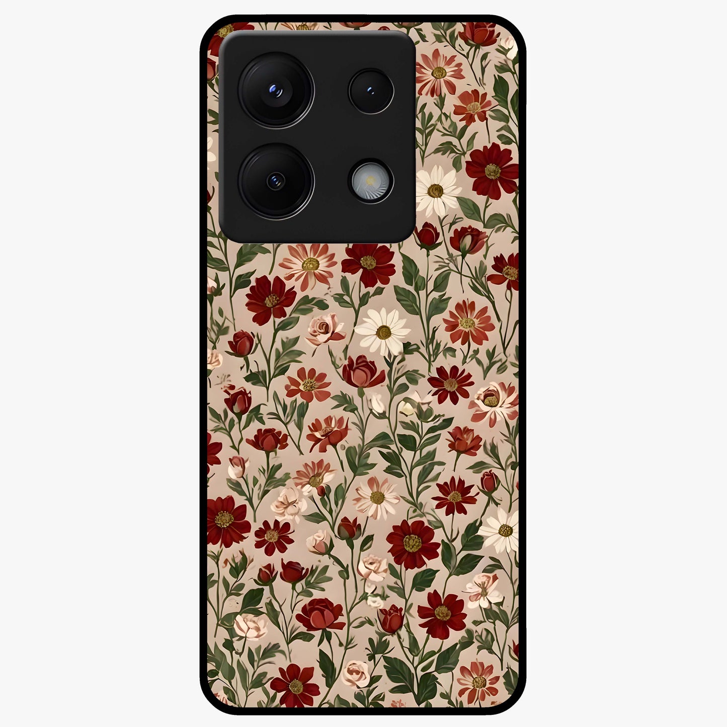 Biege Flower With Leaf Glass Case showing flat back view with soft beige floral artwork and glossy glass finish.