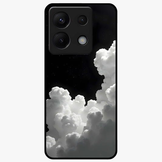 Black Background With White Cloud Glass Case showing flat back view with minimal cloud artwork on dark background and glossy glass finish.