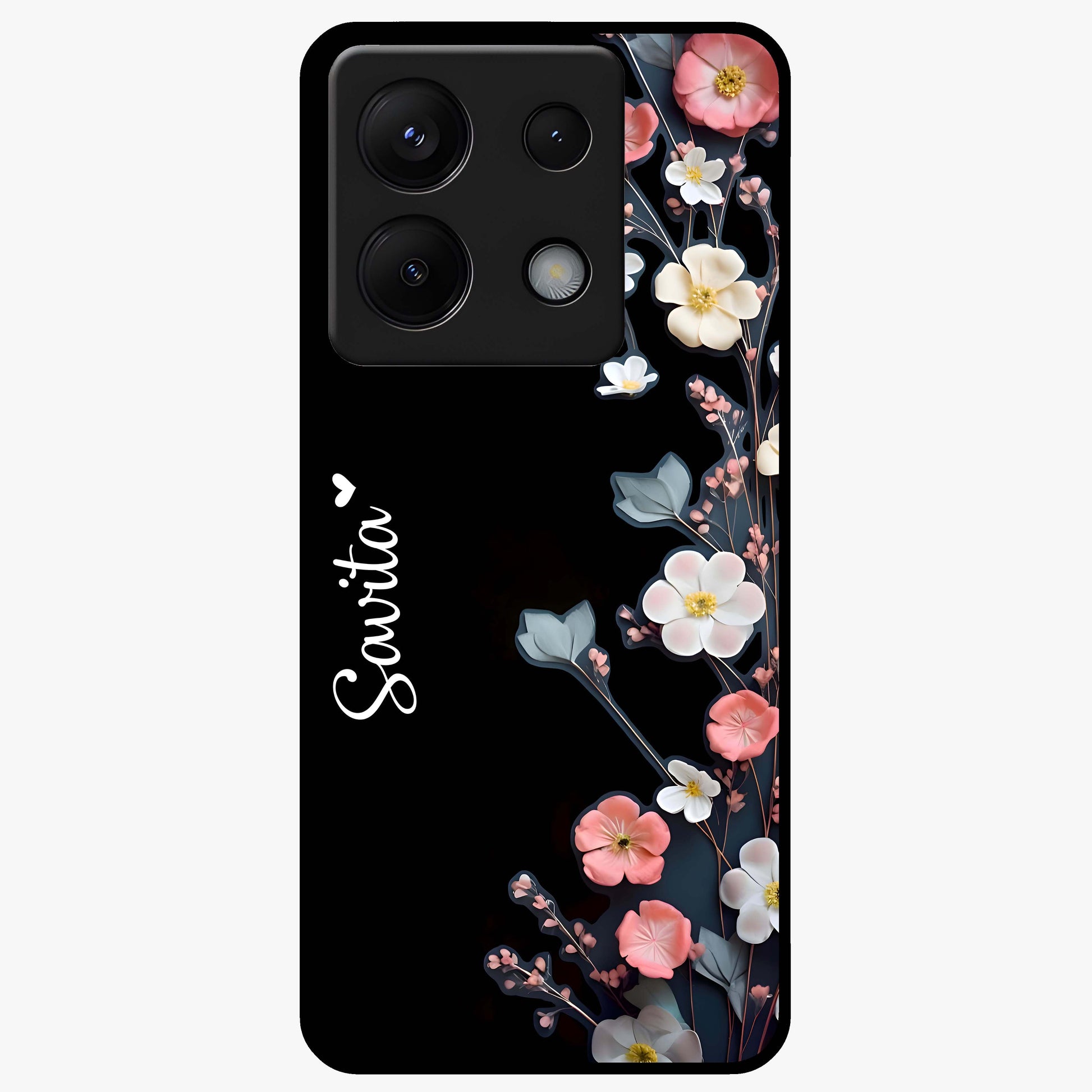 Black Elegance Floral Custom Name Glass Case showing flat back view with elegant floral artwork and personalized name design.