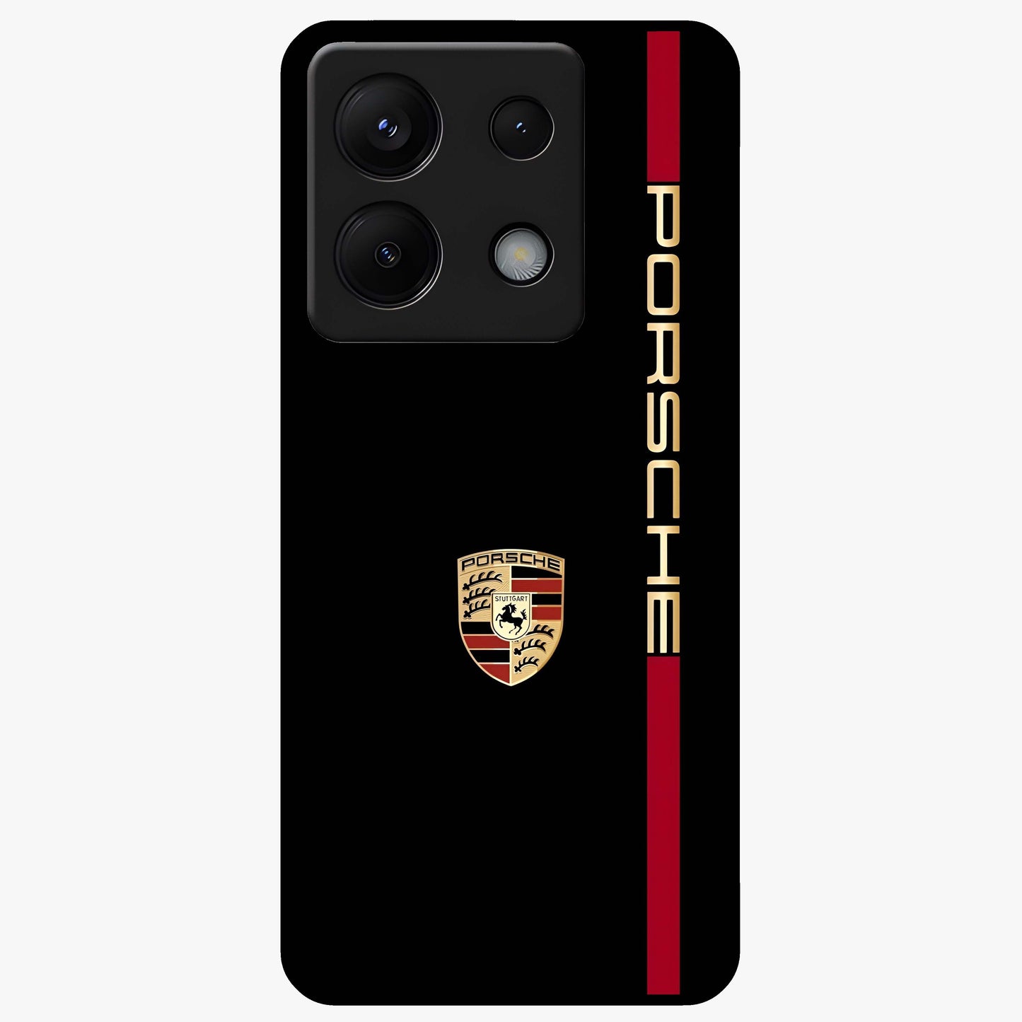 Black Minimal Porsche Glass Case showing flat back view with sleek minimal sports car artwork and glossy glass finish.