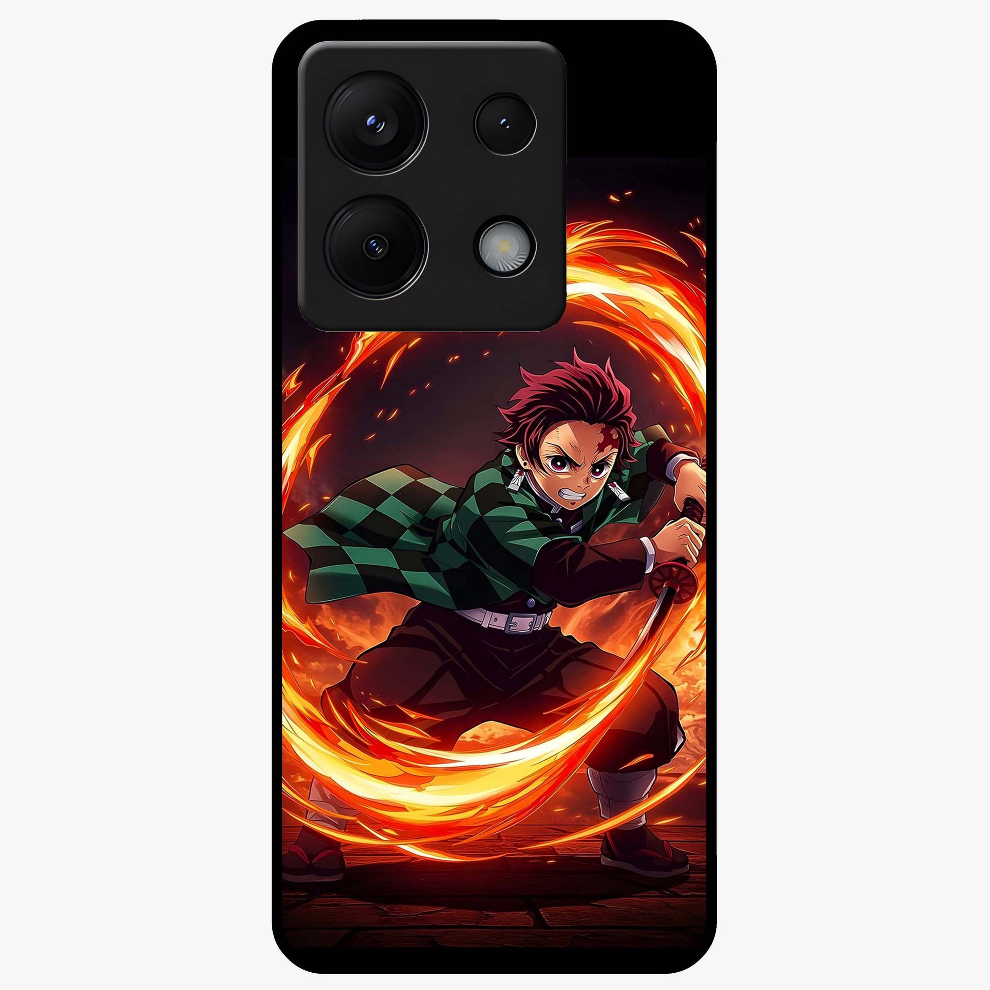 Blazing Sword Resolve Glass Case showing flat back view with fiery sword artwork and glossy glass finish.