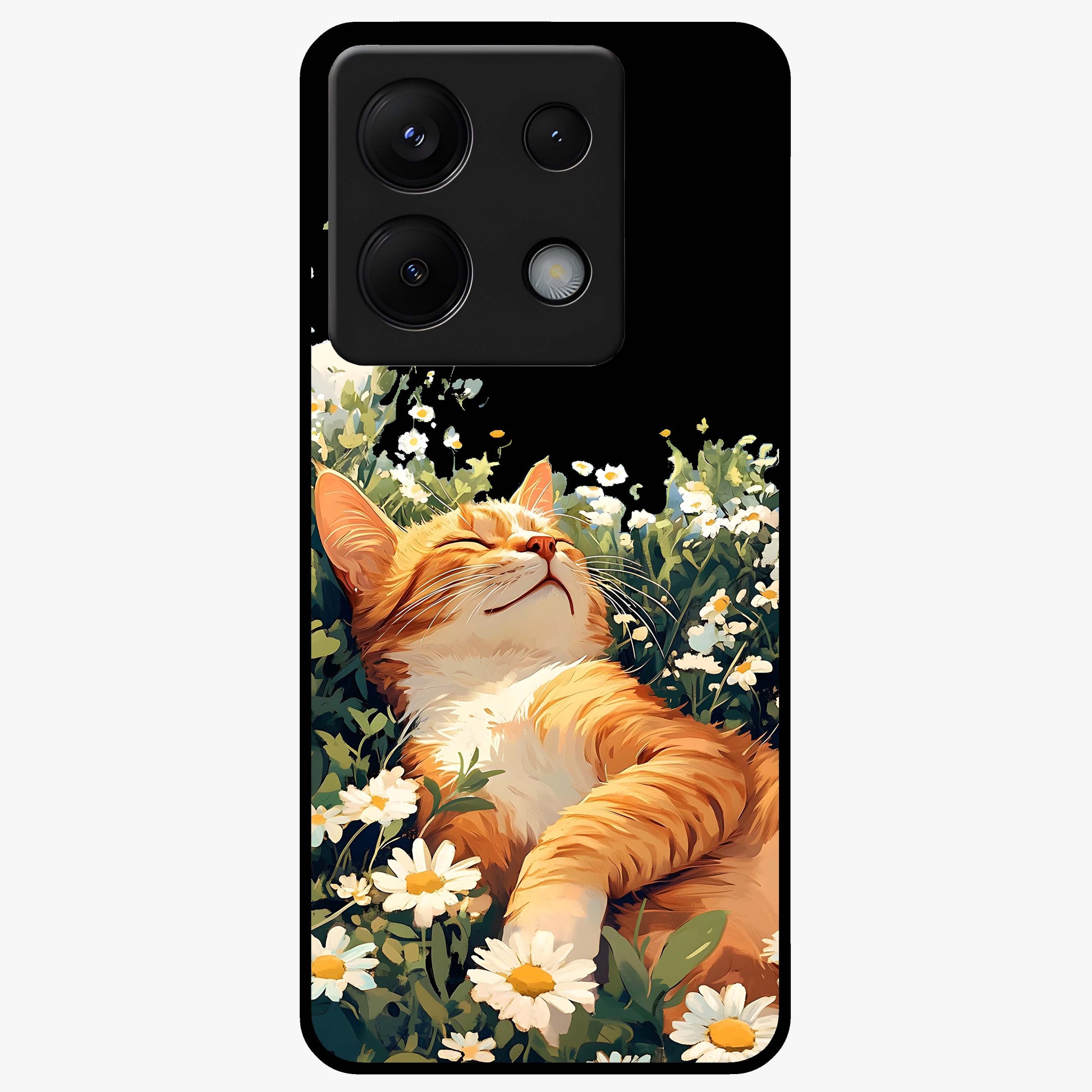 Blissful Bloom Cat Glass Case showing flat back view with cute cat and floral bloom artwork and glossy glass finish.