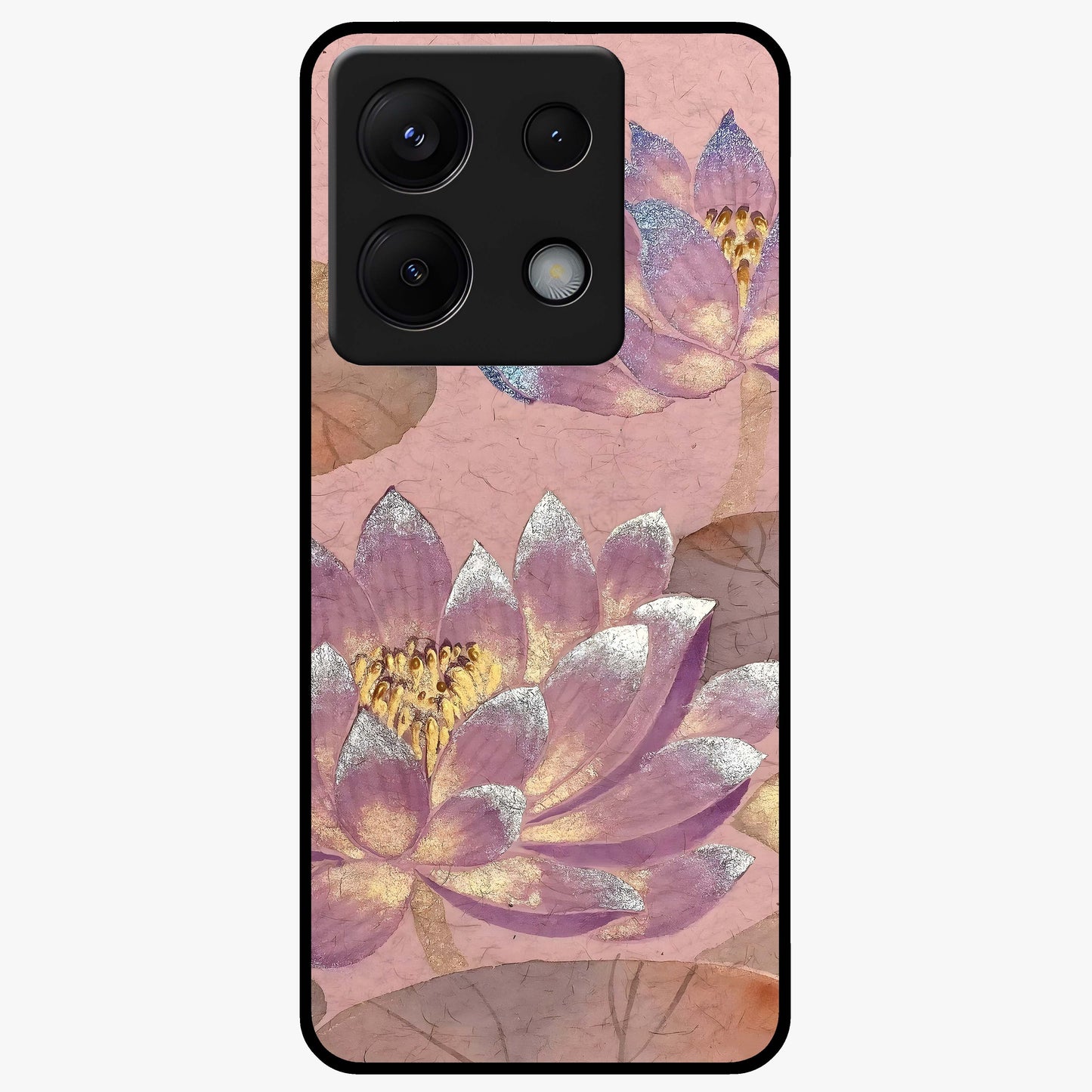 Blossom Mist Lotus Glass Case showing flat back view with serene lotus blossom artwork and glossy glass finish.