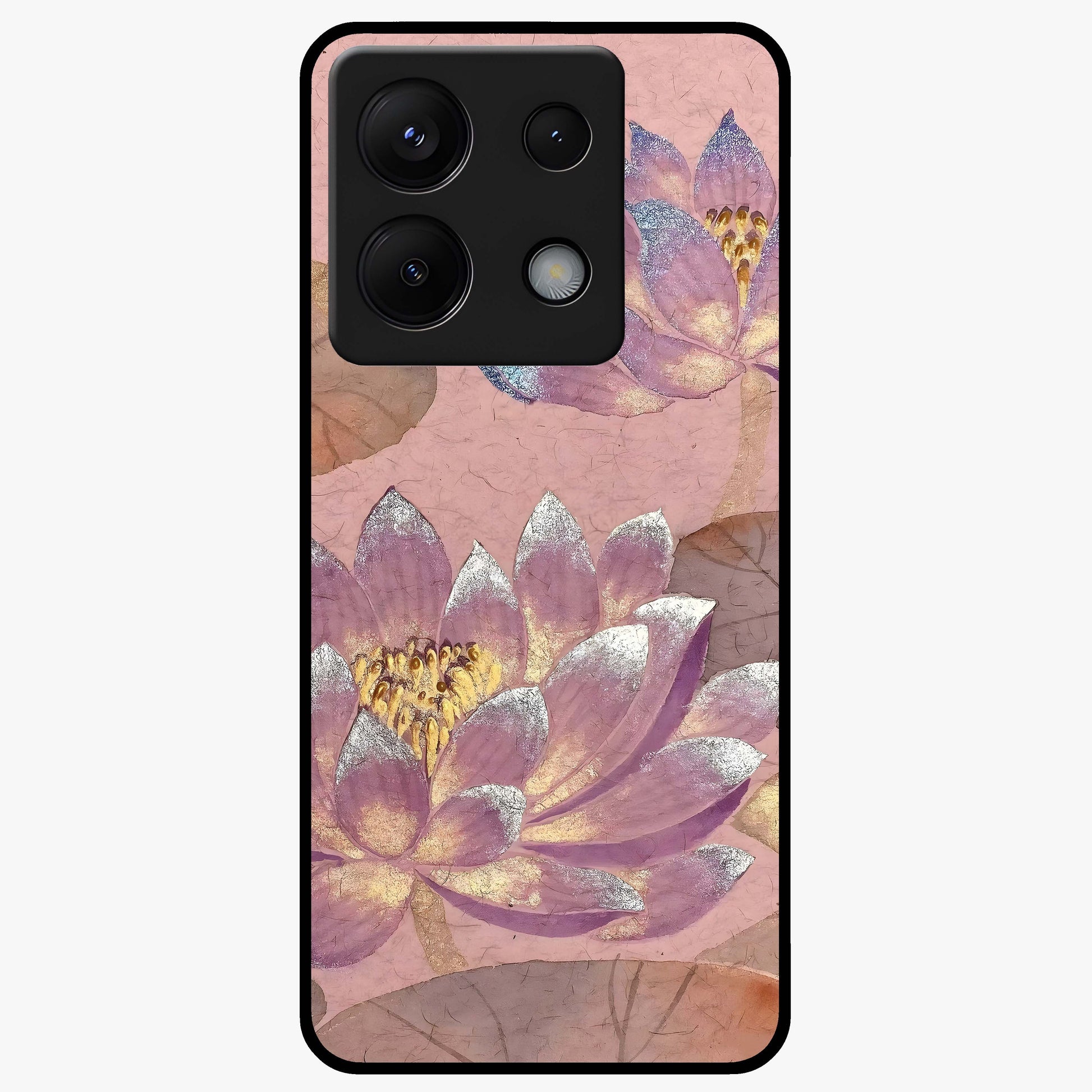 Blossom Mist Lotus Glass Case showing flat back view with serene lotus blossom artwork and glossy glass finish.