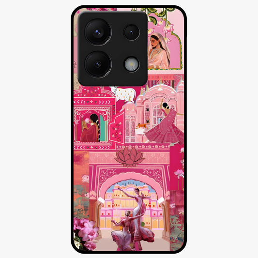 Blossoms of Rajasthan Glass Case showing flat back view with traditional floral artwork inspired by Rajasthan and glossy glass finish.