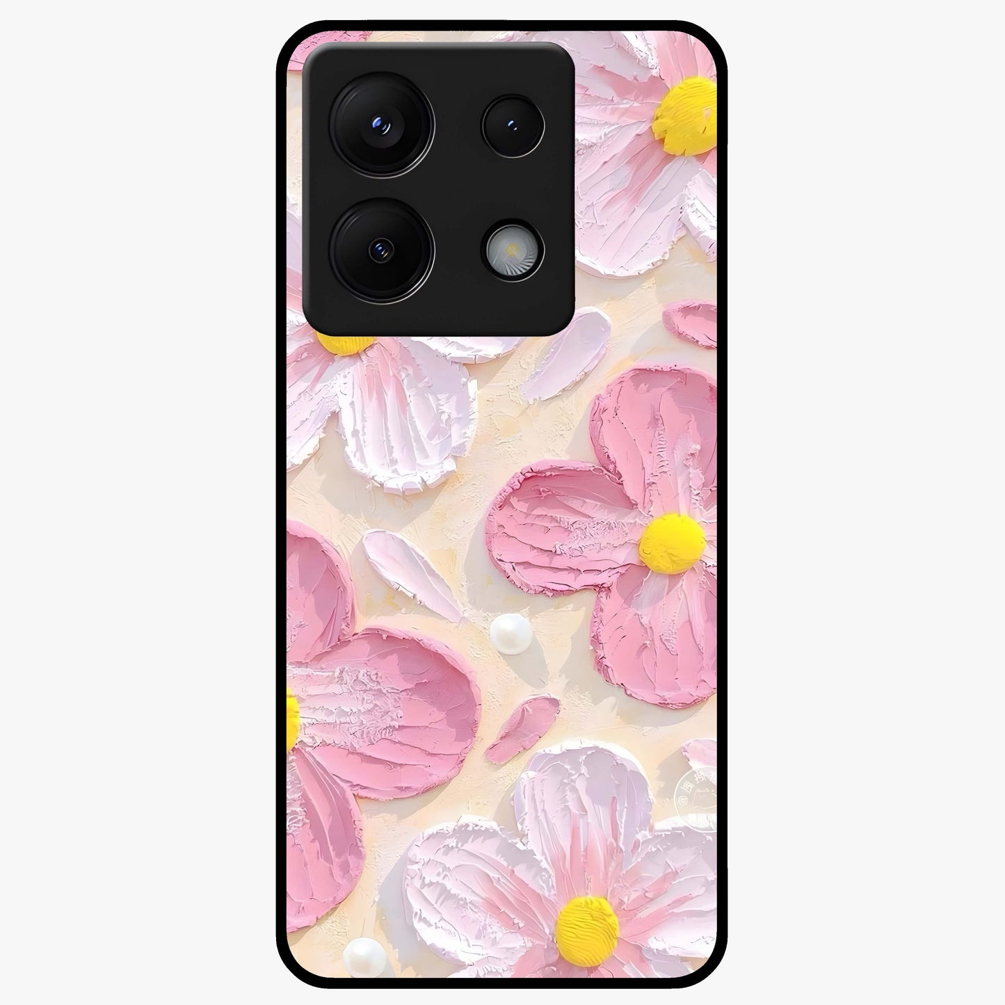 Blush Bloom Texture Glass Case showing flat back view with soft blush floral texture artwork and glossy glass finish.