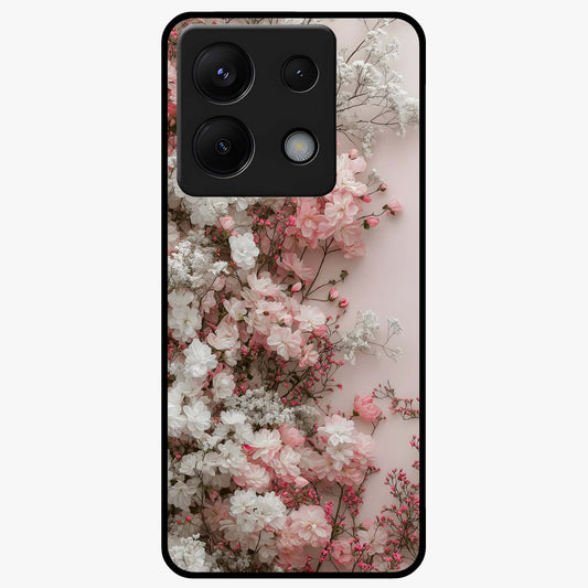 Blush Blossom Cloud Glass Case showing flat back view with dreamy blush cloud blossom artwork and glossy glass finish.