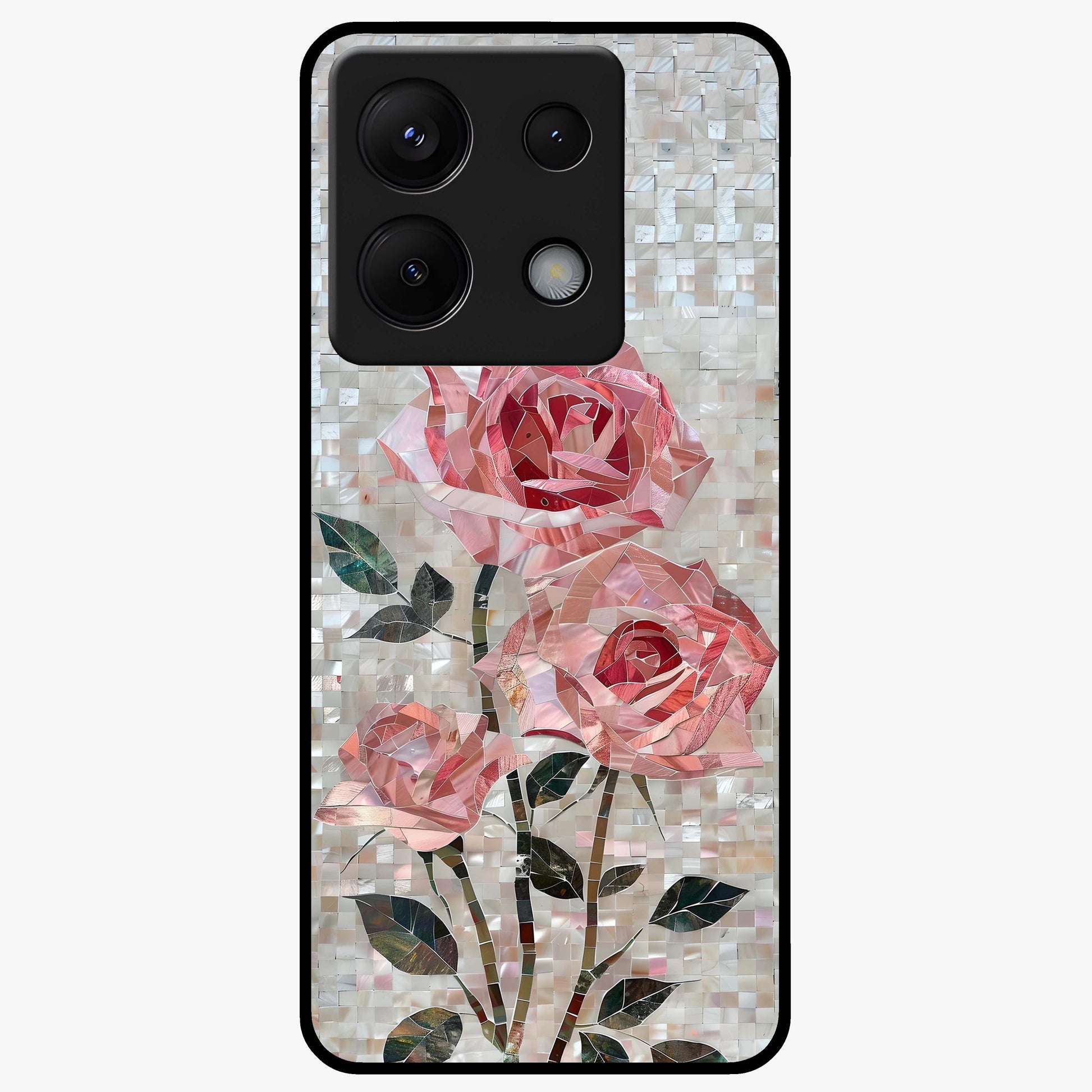 Blush Mosaic Bloom Glass Case showing flat back view with mosaic floral bloom artwork and glossy glass finish.