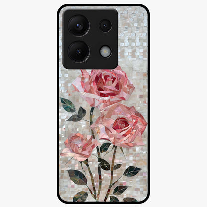 Blush Mosaic Bloom Glass Case showing flat back view with mosaic floral bloom artwork and glossy glass finish.