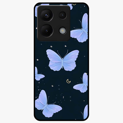 Butterfly With Stars Pattern Glass Case showing flat back view with butterfly and star pattern artwork and glossy glass finish.