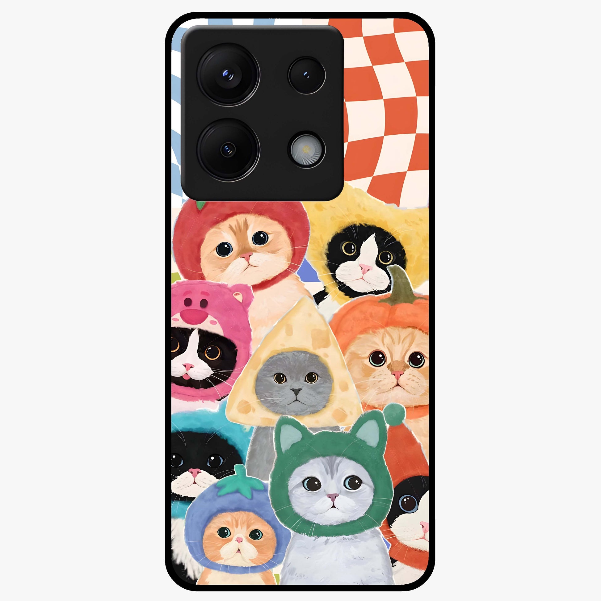 Cats in Fruits Glass Case showing flat back view with playful cat illustrations inside fruit artwork and glossy glass finish.