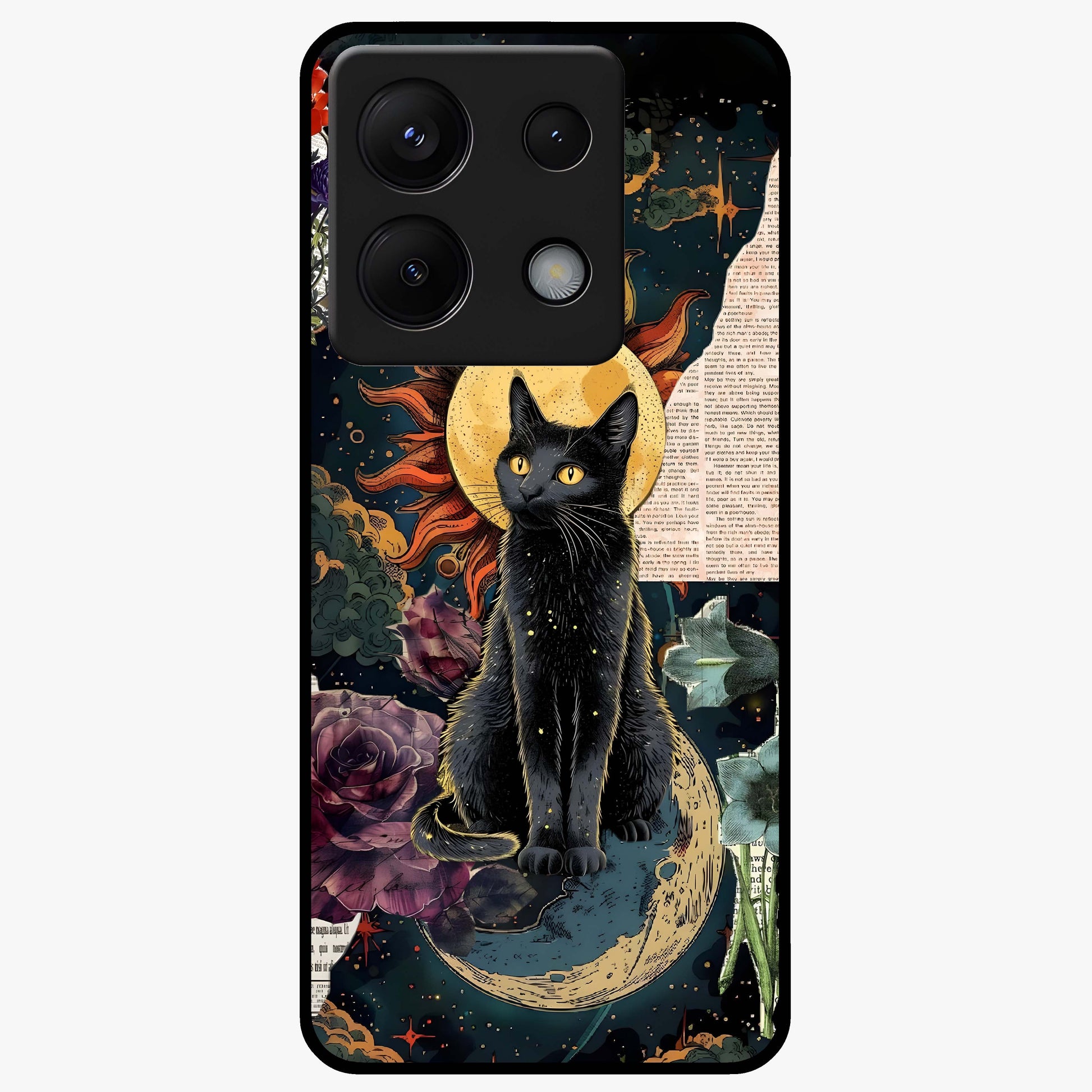 Celestial Black Cat Glass Case showing flat back view with mystical black cat artwork and glossy glass finish.
