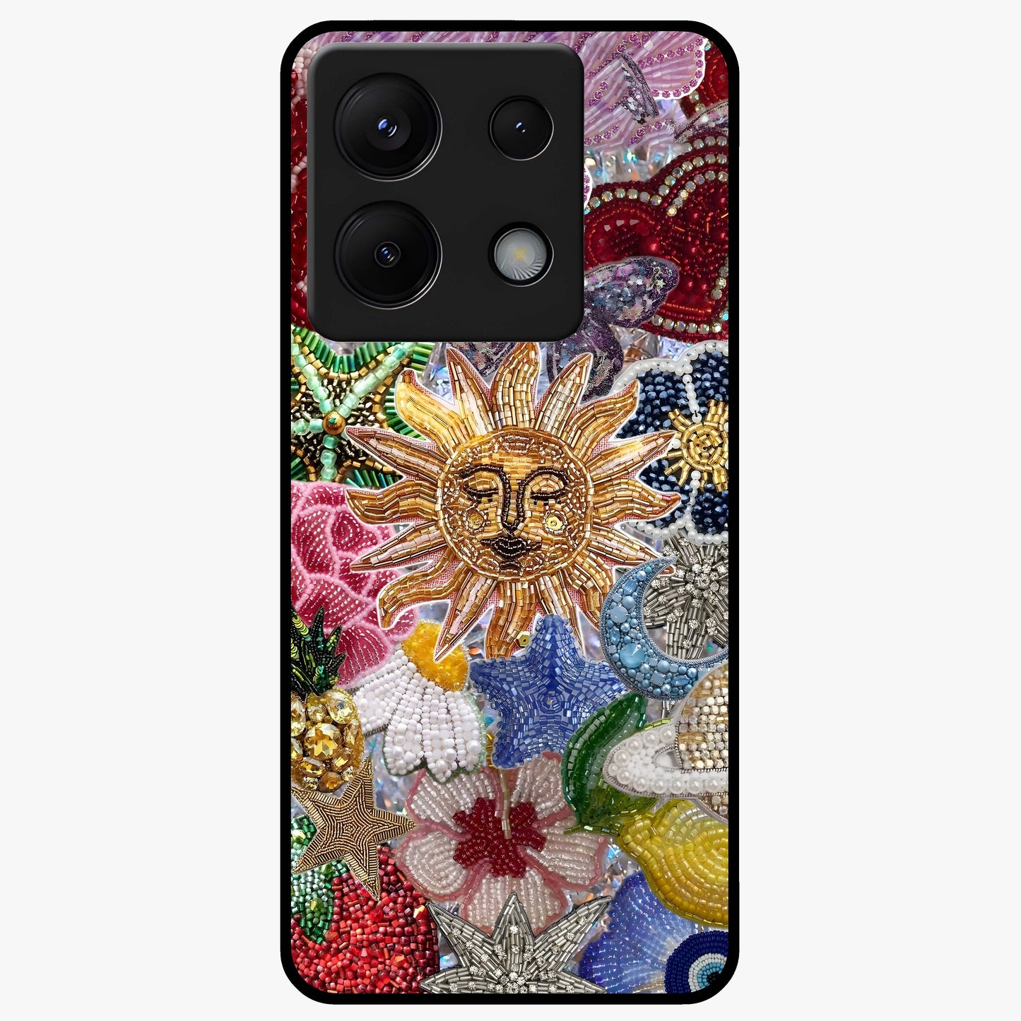 Celestial Floral and Playful Glass Case showing flat back view with floral and celestial themed artwork and glossy glass finish.