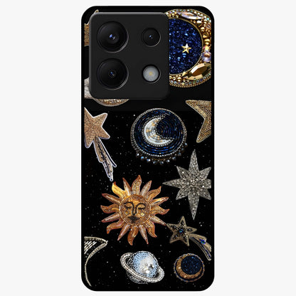 Celestial Gem Constellations Glass Case showing flat back view with sparkling constellation artwork and glossy glass finish.