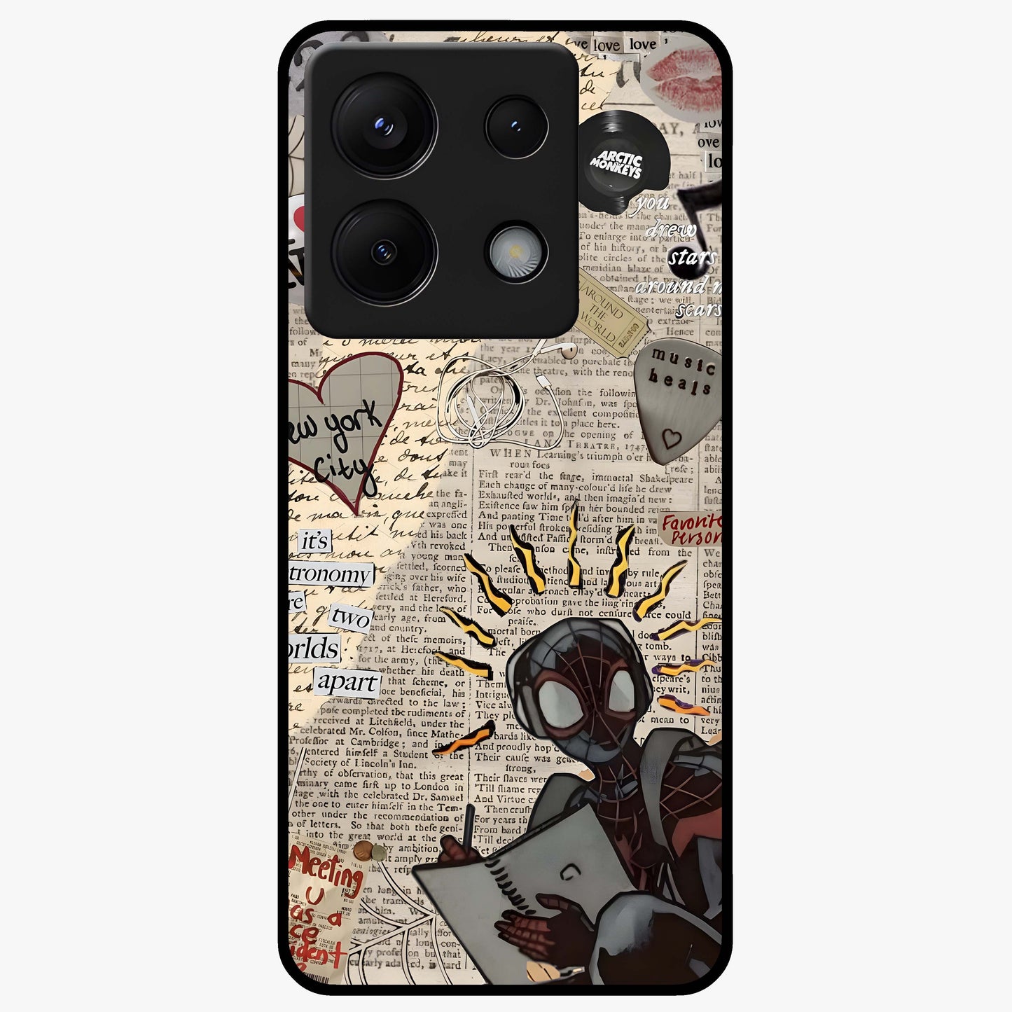 City Dream Sketch Glass Case showing flat back view with artistic city skyline sketch artwork and glossy glass finish.