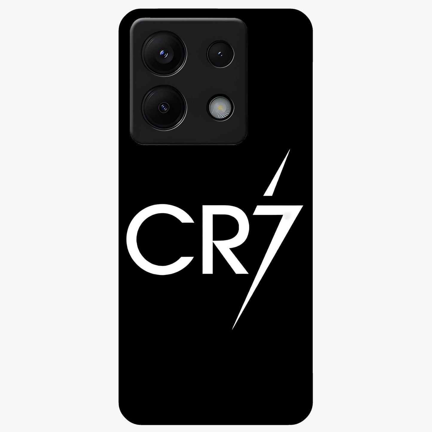 Cr7 Elite Strike Glass Case showing flat back view with dynamic football inspired artwork and glossy glass finish.