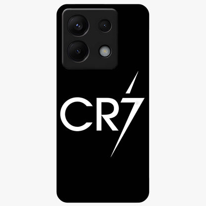 Cr7 Elite Strike Glass Case showing flat back view with dynamic football inspired artwork and glossy glass finish.