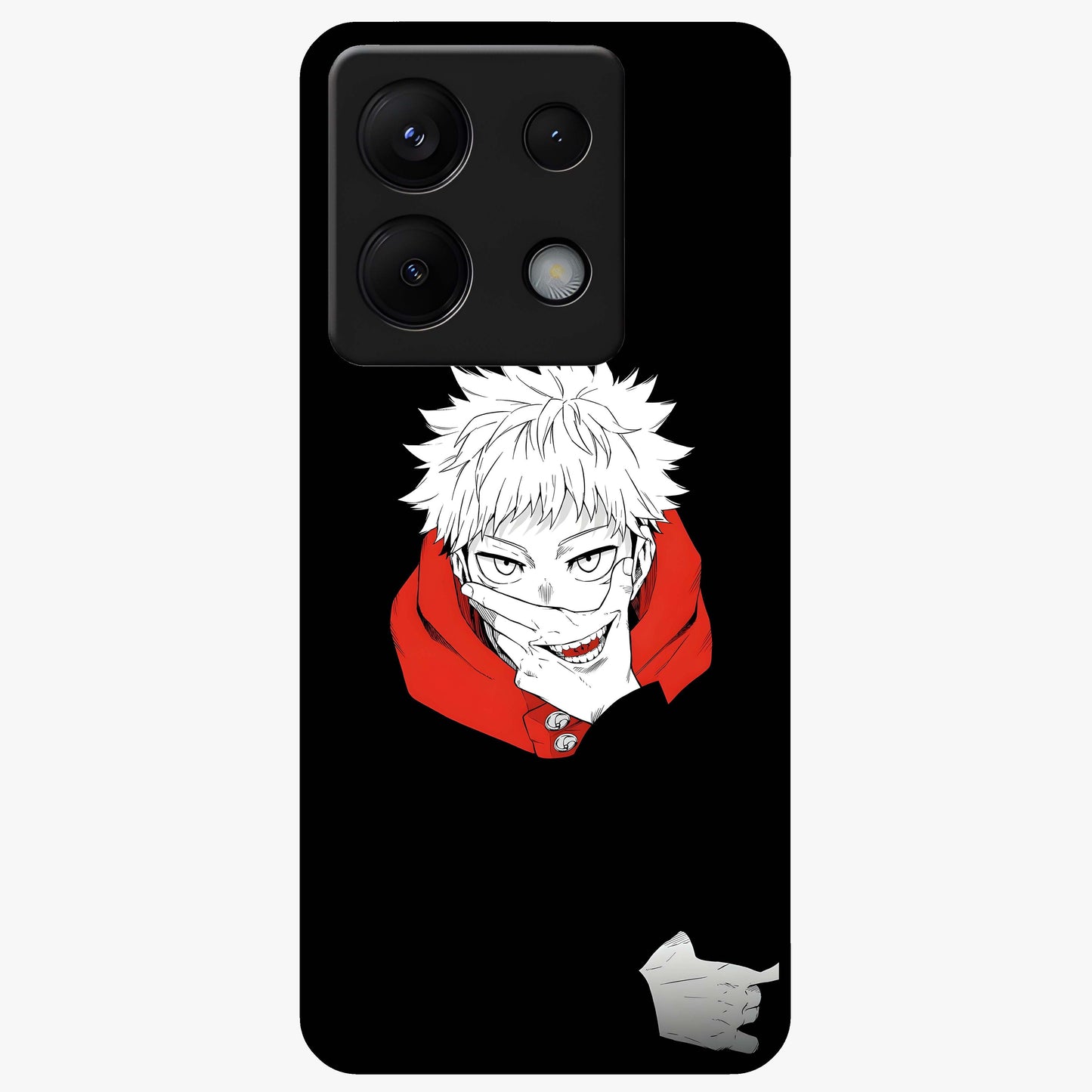 Crimson Chaos Smile Glass Case showing flat back view with bold chaotic smile artwork and glossy glass finish.
