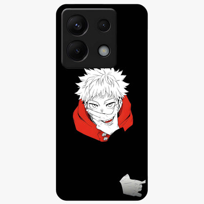 Crimson Chaos Smile Glass Case showing flat back view with bold chaotic smile artwork and glossy glass finish.