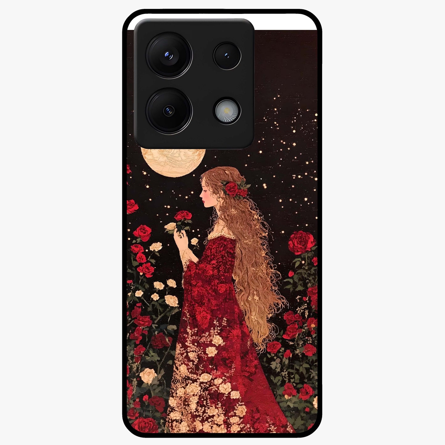 Crimson Dreams Glass Case showing flat back view with dreamy crimson artwork and glossy glass finish.