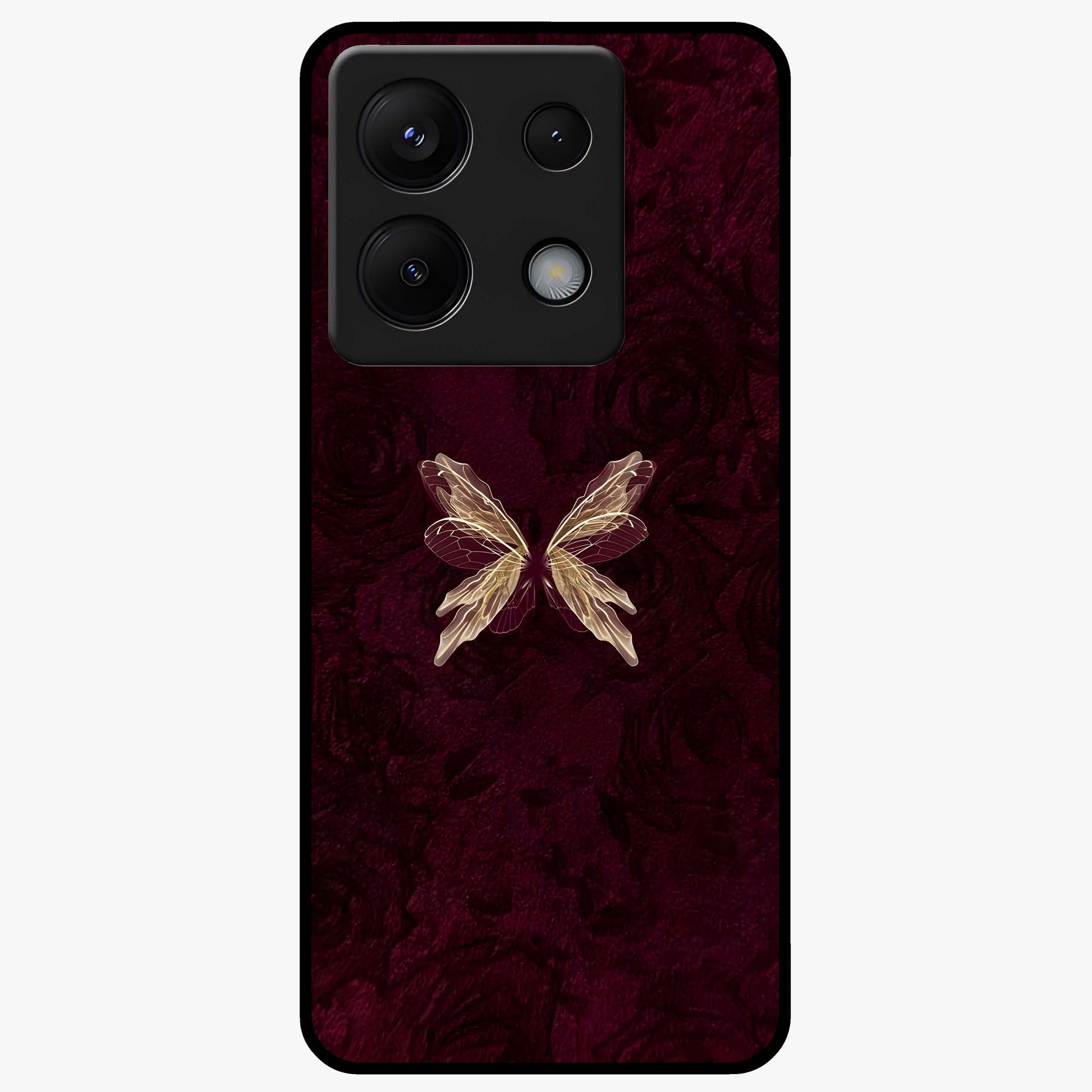 Crimson Fade Butterfly Glass Case showing flat back view with fading butterfly artwork and glossy glass finish.