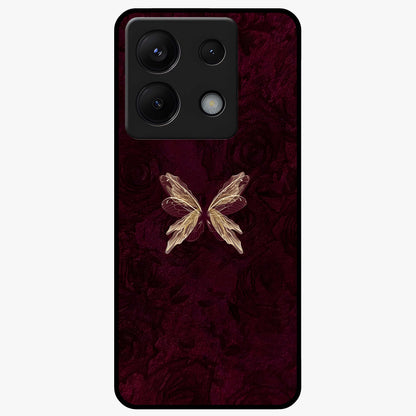 Crimson Fade Butterfly Glass Case showing flat back view with fading butterfly artwork and glossy glass finish.