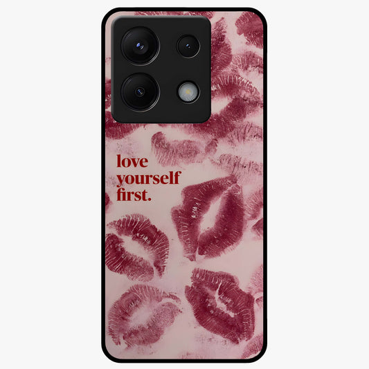 Crimson Kiss Love Glass Case showing flat back view with romantic crimson themed artwork and glossy glass finish.