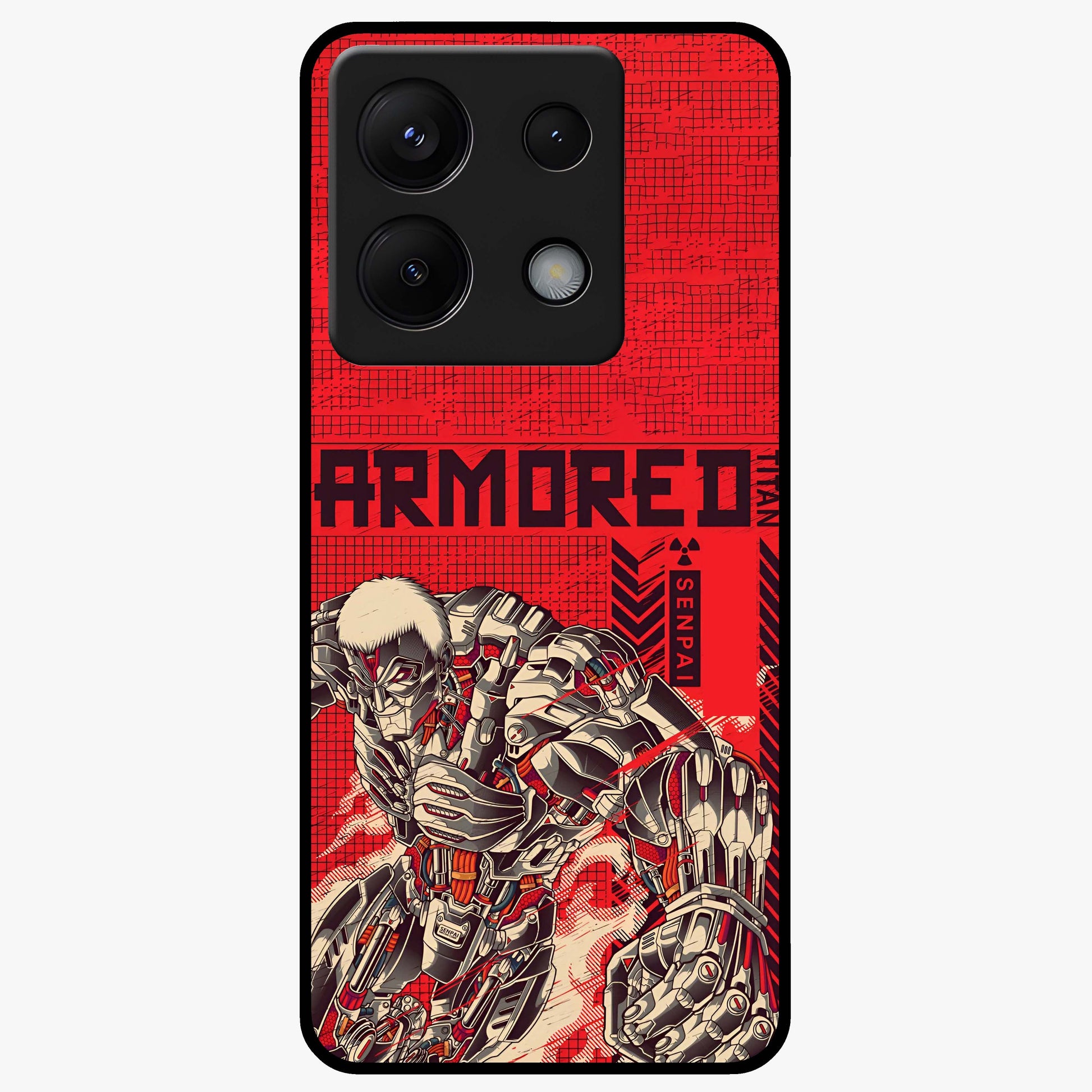 Crimson Mecha Titan Glass Case showing flat back view with powerful mech titan artwork and glossy glass finish.