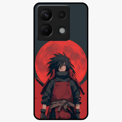 Crimson Moon Warlord Glass Case showing flat back view with mystical moon warrior artwork and glossy glass finish.