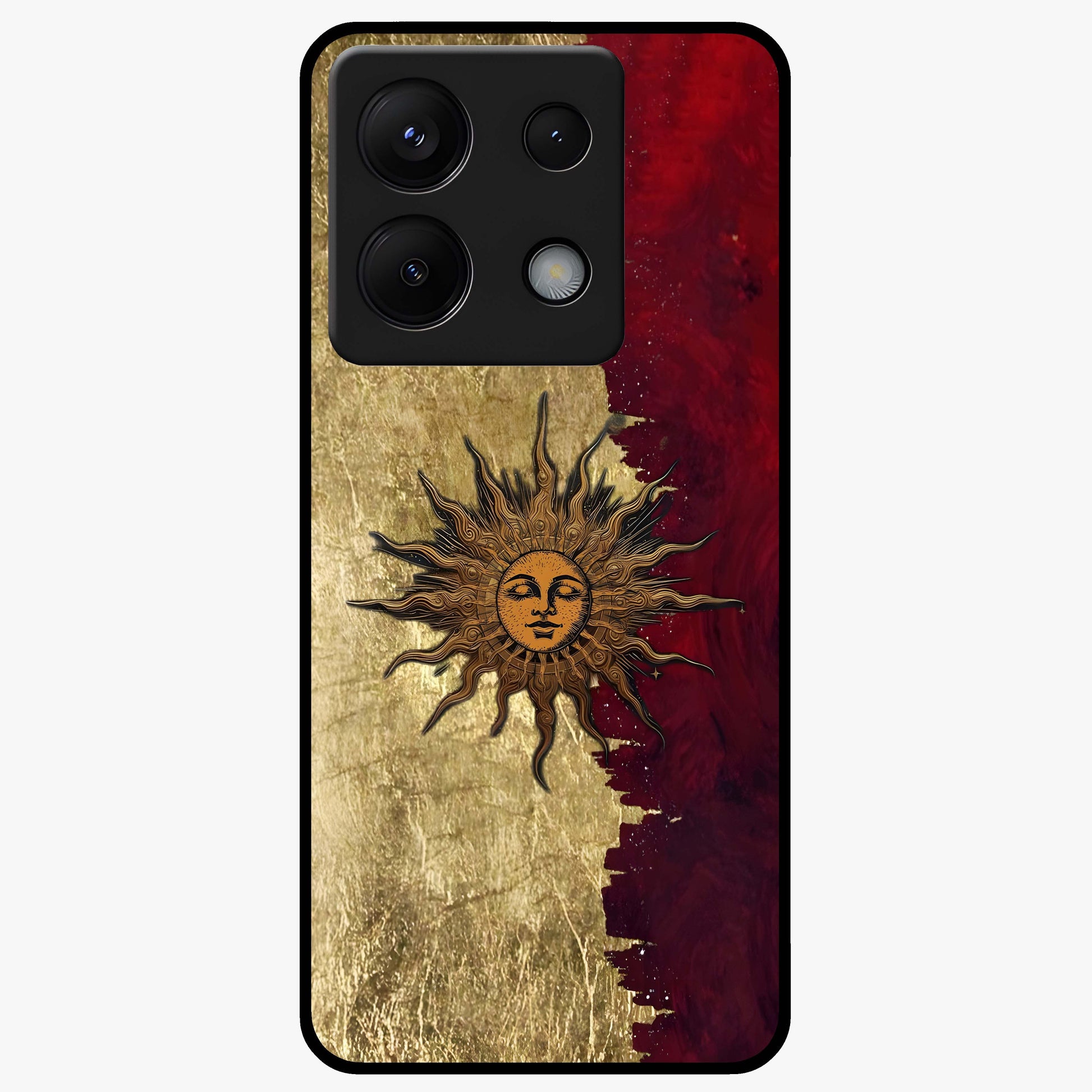 Crimson Sun Majesty Glass Case showing flat back view with radiant sun inspired artwork and glossy glass finish.