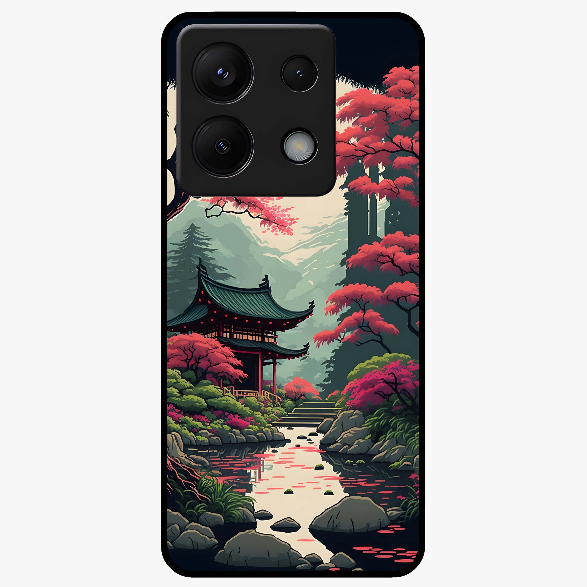 Crimson Temple View Glass Case showing flat back view with temple inspired artwork and glossy glass finish.