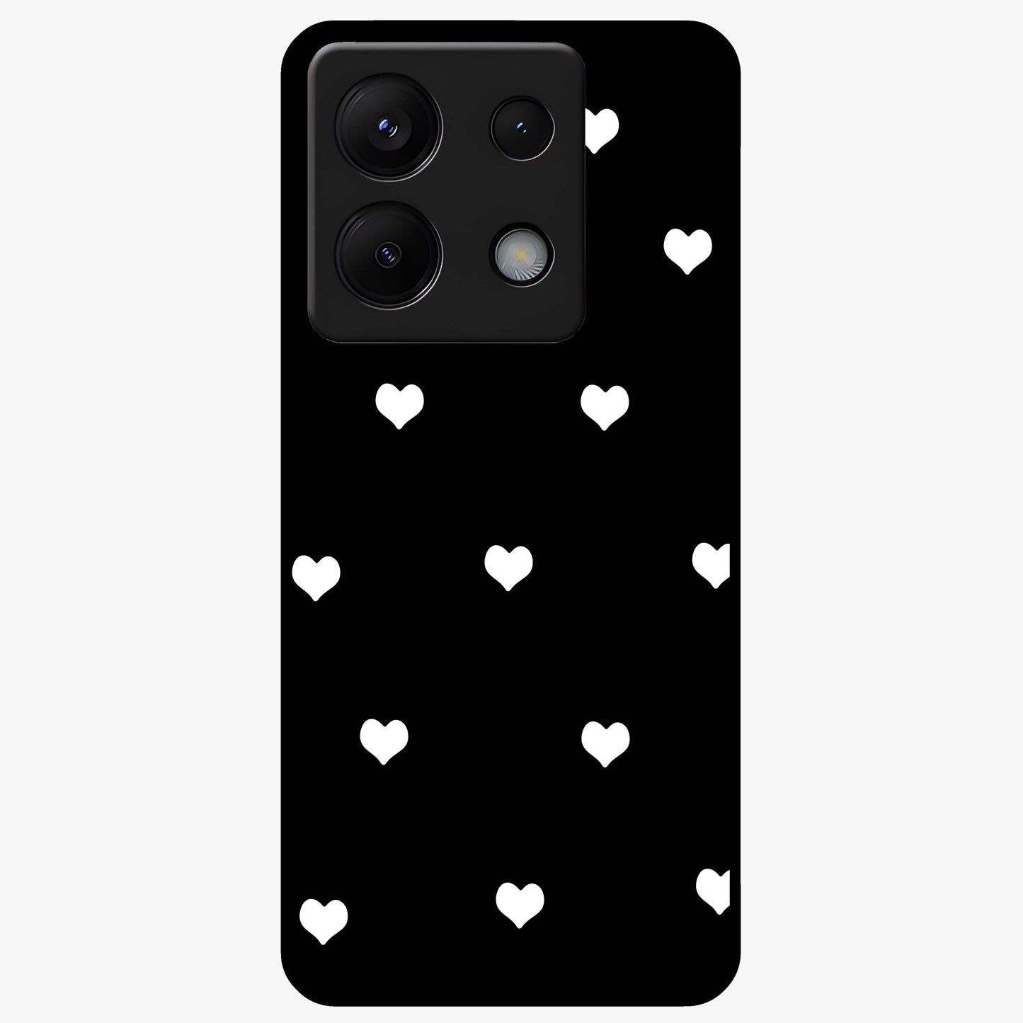 Cute And Simple White Hearts Glass Case showing flat back view with minimal white heart pattern and glossy glass finish.