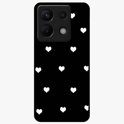 Cute And Simple White Hearts Glass Case showing flat back view with minimal white heart pattern and glossy glass finish.