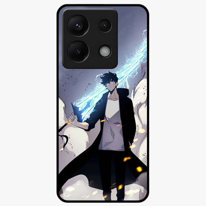 Dark Lightning Anime Warrior Glass Case showing flat back view with intense anime warrior artwork and glossy glass finish.