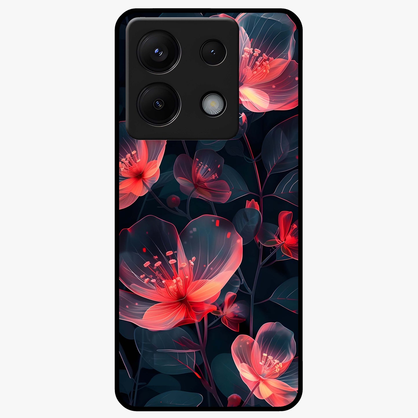 Dark Shade of Flower Glass Case showing flat back view with elegant dark floral artwork and glossy glass finish.