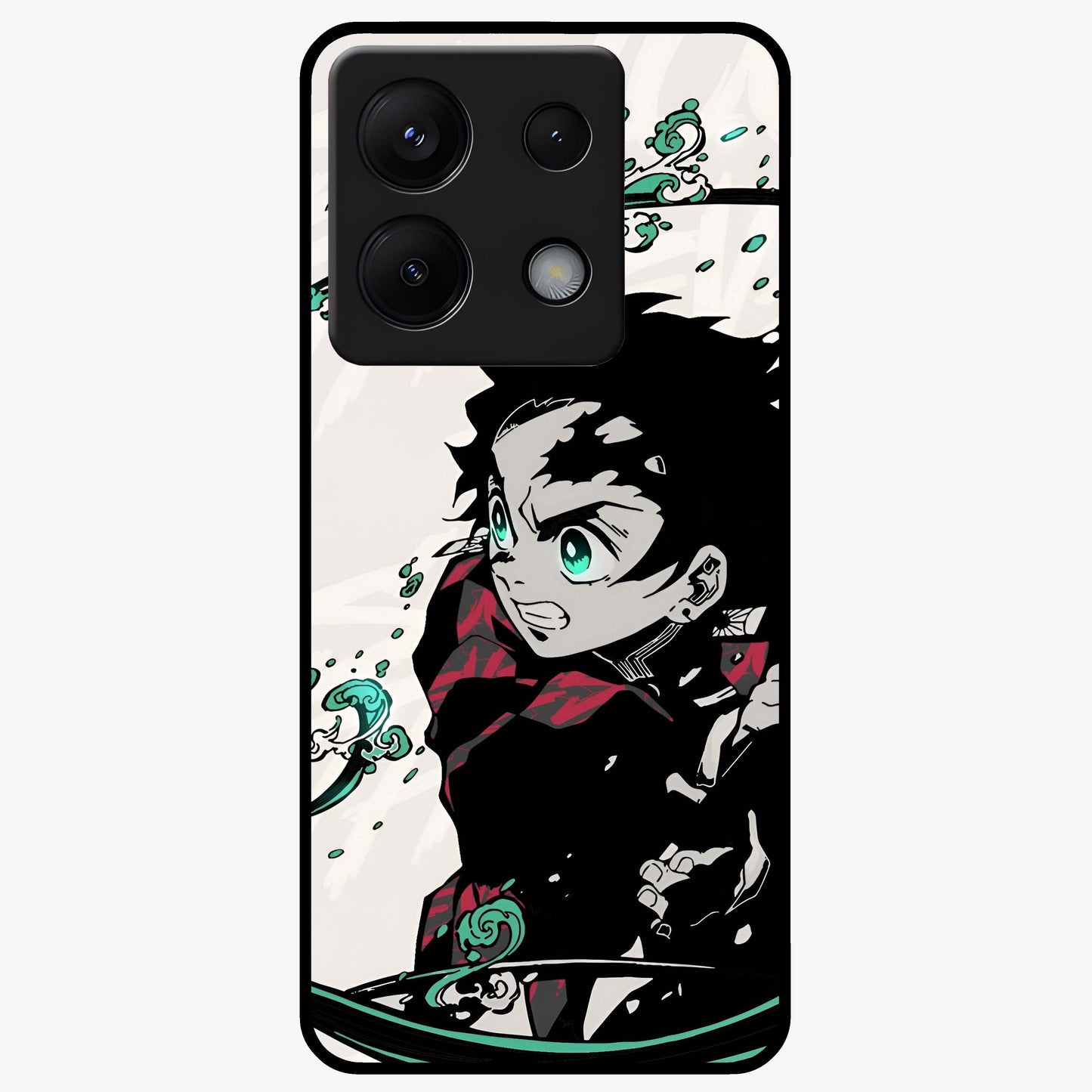 Demon Slayer Glass Case showing flat back view with bold anime inspired artwork and glossy glass finish.