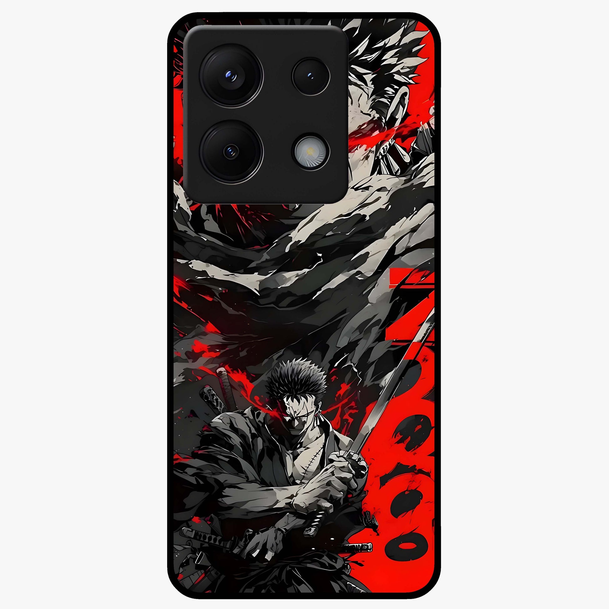 Demon Sword Resolve Glass Case showing flat back view with fierce sword warrior artwork and glossy glass finish.