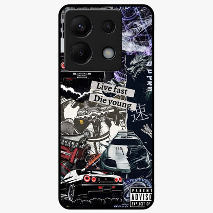 Die Young Glass Case showing flat back view with bold artistic typography design and glossy glass finish.