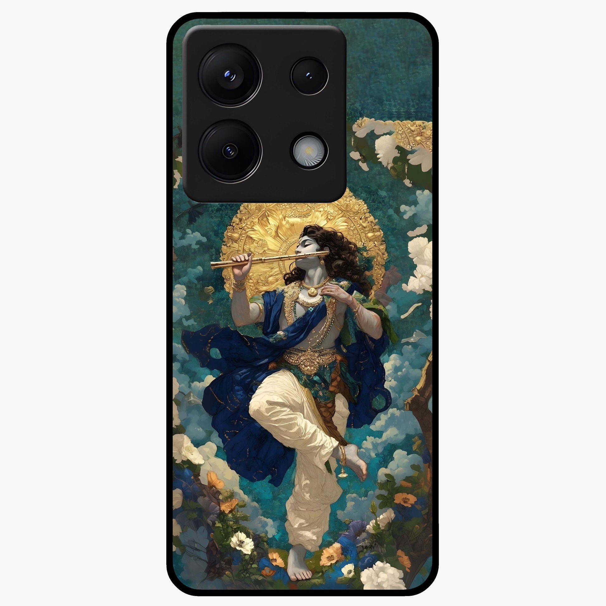 Divine Krishna Art Glass Case showing flat back view with Lord Krishna artwork and glossy glass finish.